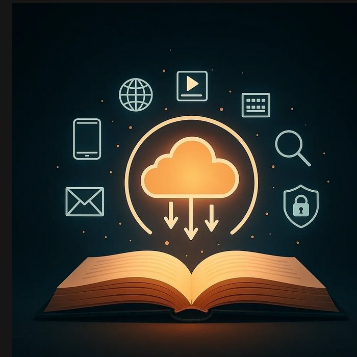 Illustration of cloud technology and digital systems emerging from an open book